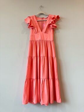 $242 Amanda Uprichard Revolve Coral Ruffle Sleeve Tiered Midi Dress Sundress XS